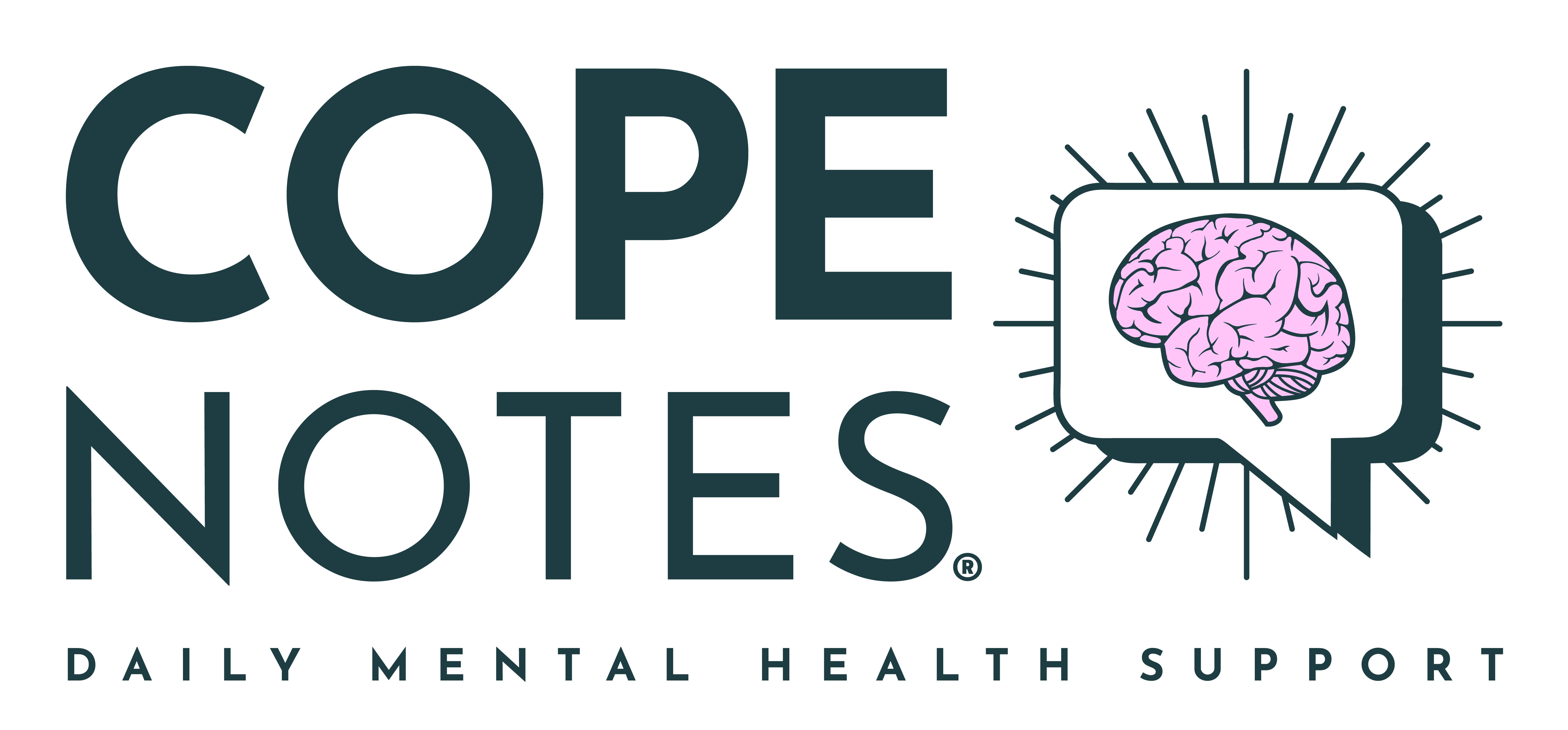 Logo of Cope Notes featuring the text 'COPE NOTES' for daily mental health support, accompanied by a speech bubble graphic with a pink brain illustration.